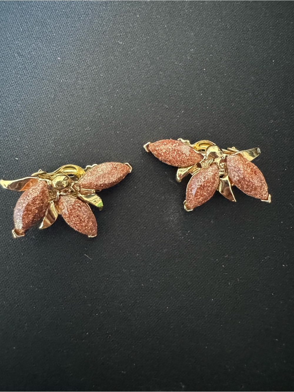 Gold-Tone Brown Glitter Leaf Clip-On Earrings by